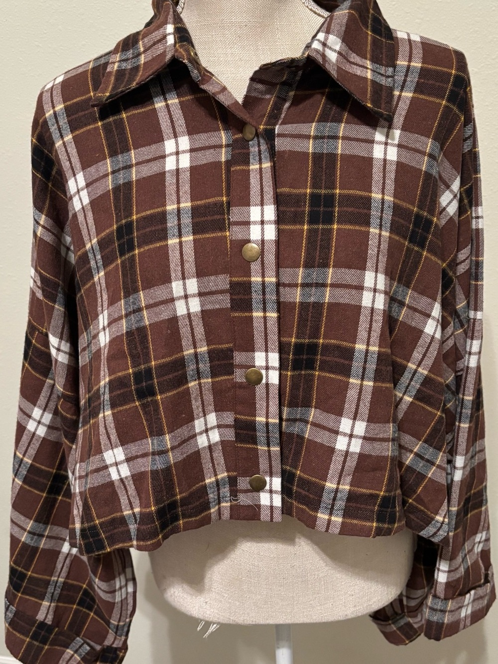 Brown Plaid Button-Down Crop Shirt